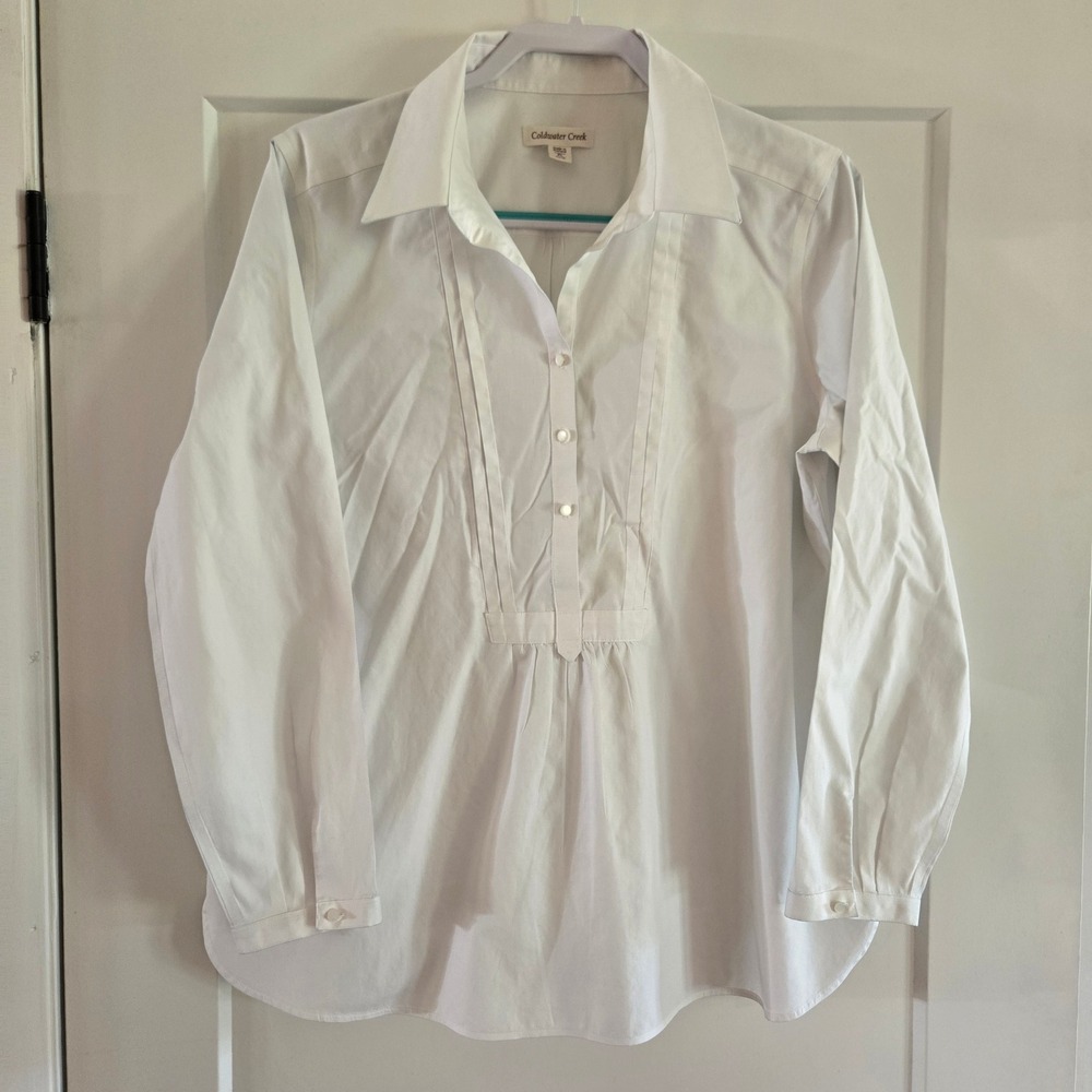 Coldwater Creek Shirt Womens  PL Petite Large White Cotton Pleated Long Sleeve - Picture 7 of 10